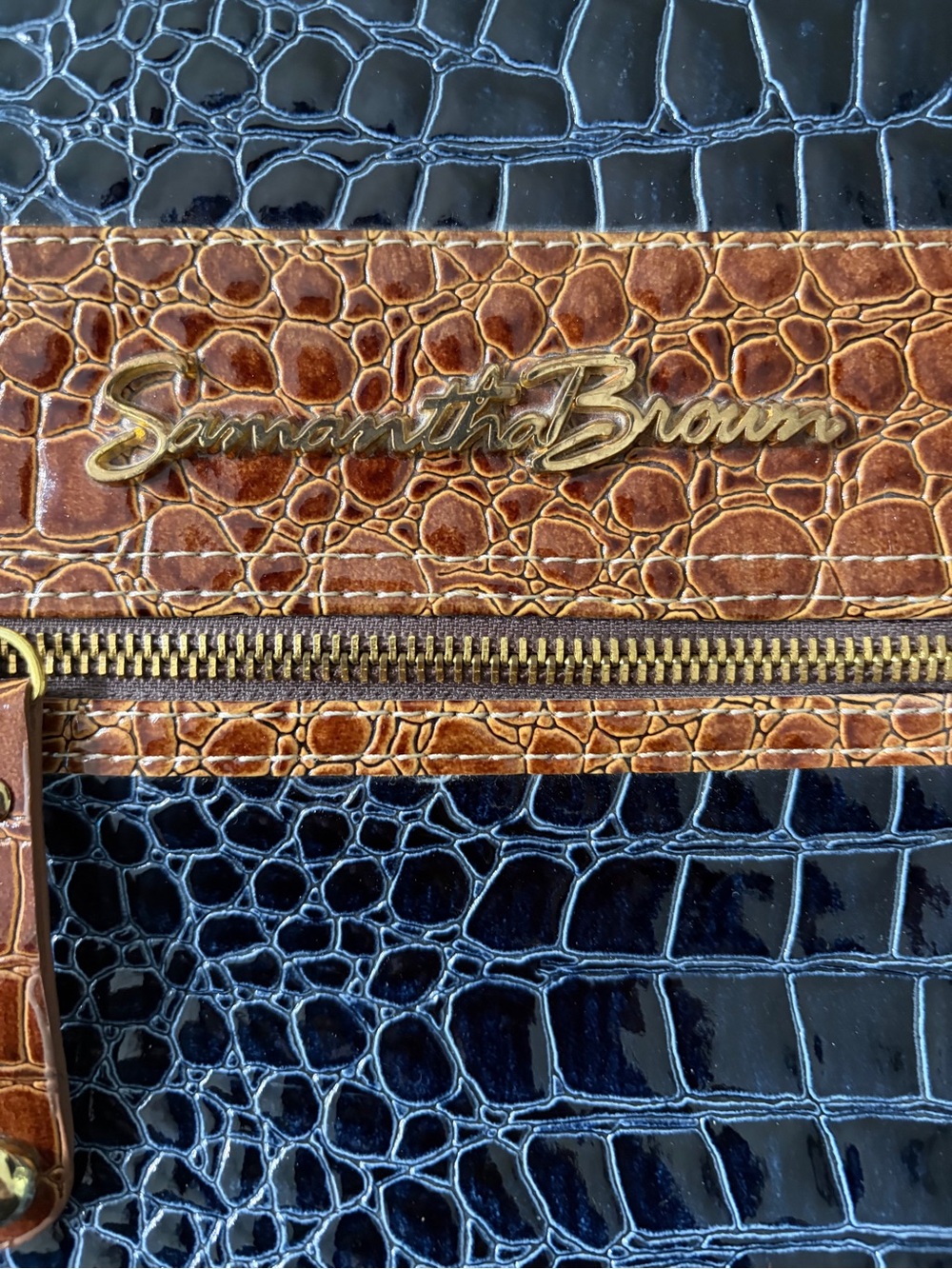 Samantha Brown Two-Tone Croc-Embossed Laptop Bag in Navy and Brown - Picture 3 of 8
